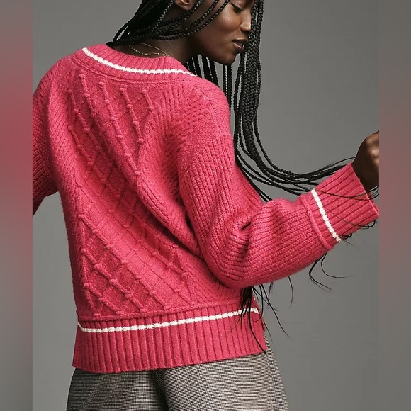 Anthropologie Maeve The Tillie V-neck Pullover Pink Varsity Sweater - Picture 2 of 8